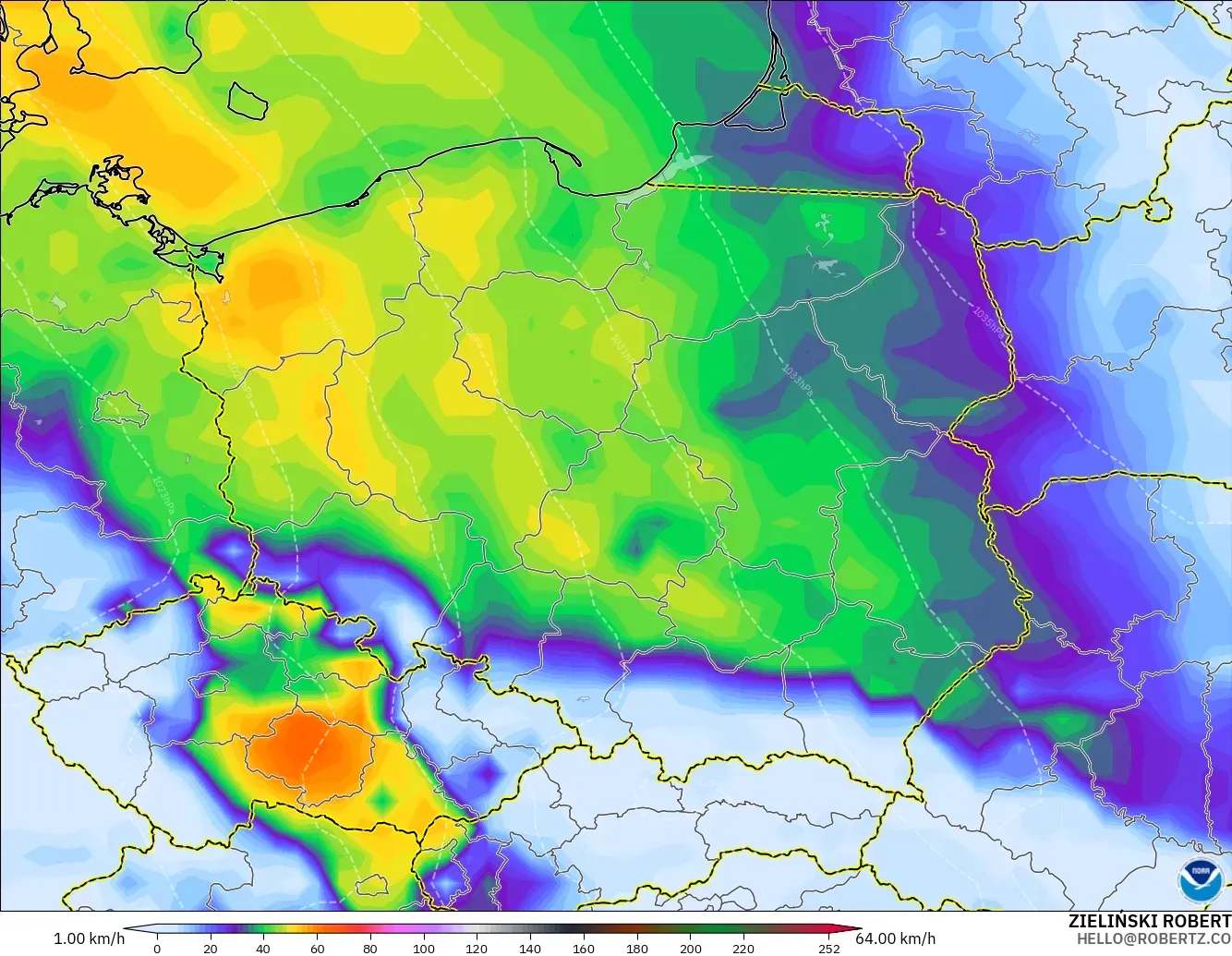 GFS model - Poland, Wind Gusts Peak