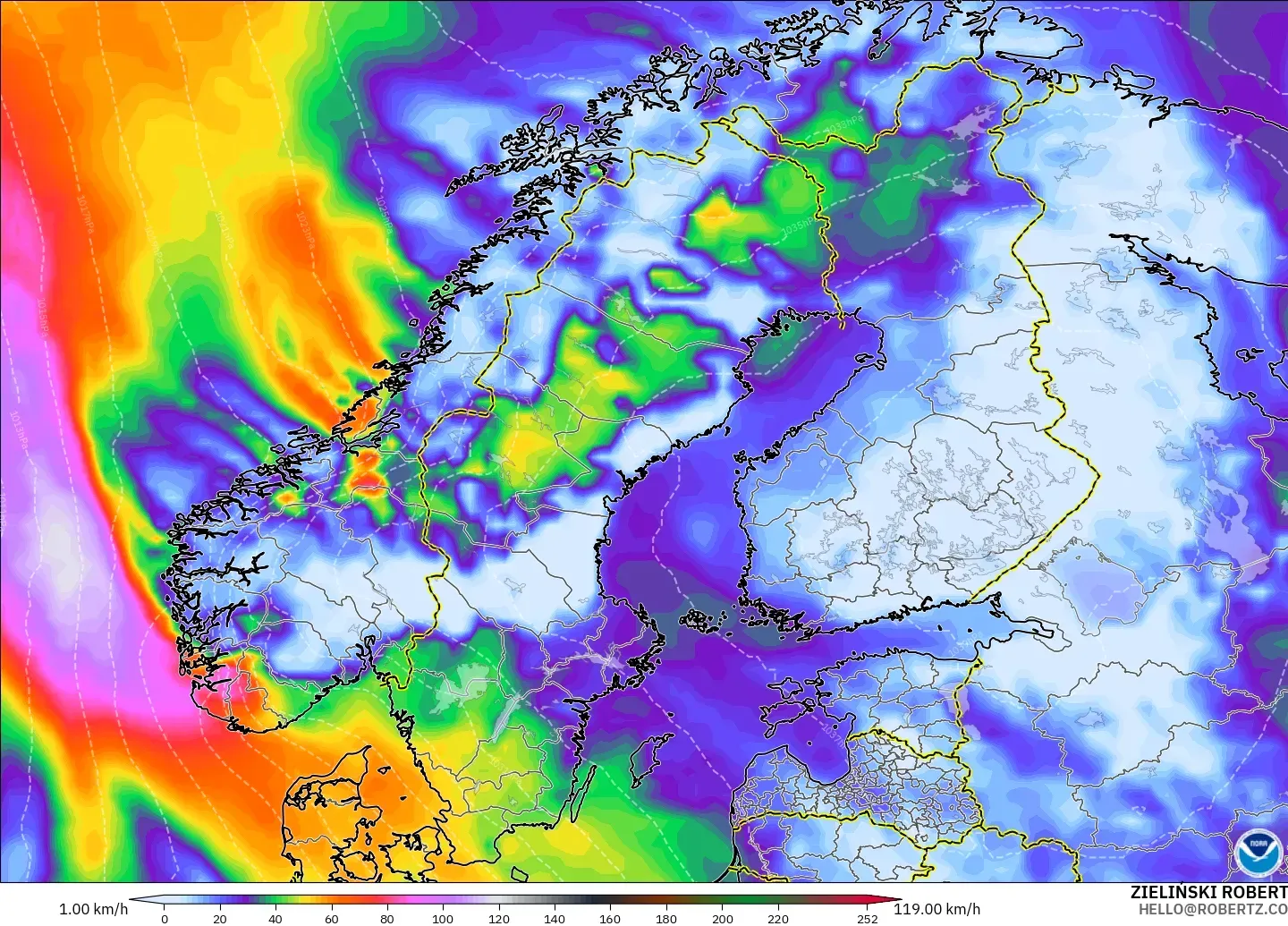 GFS model - Scandinavia, Wind Gusts Peak
