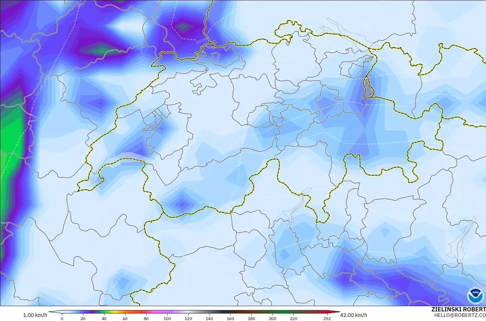 GFS model - Switzerland, Wind Gusts Peak
