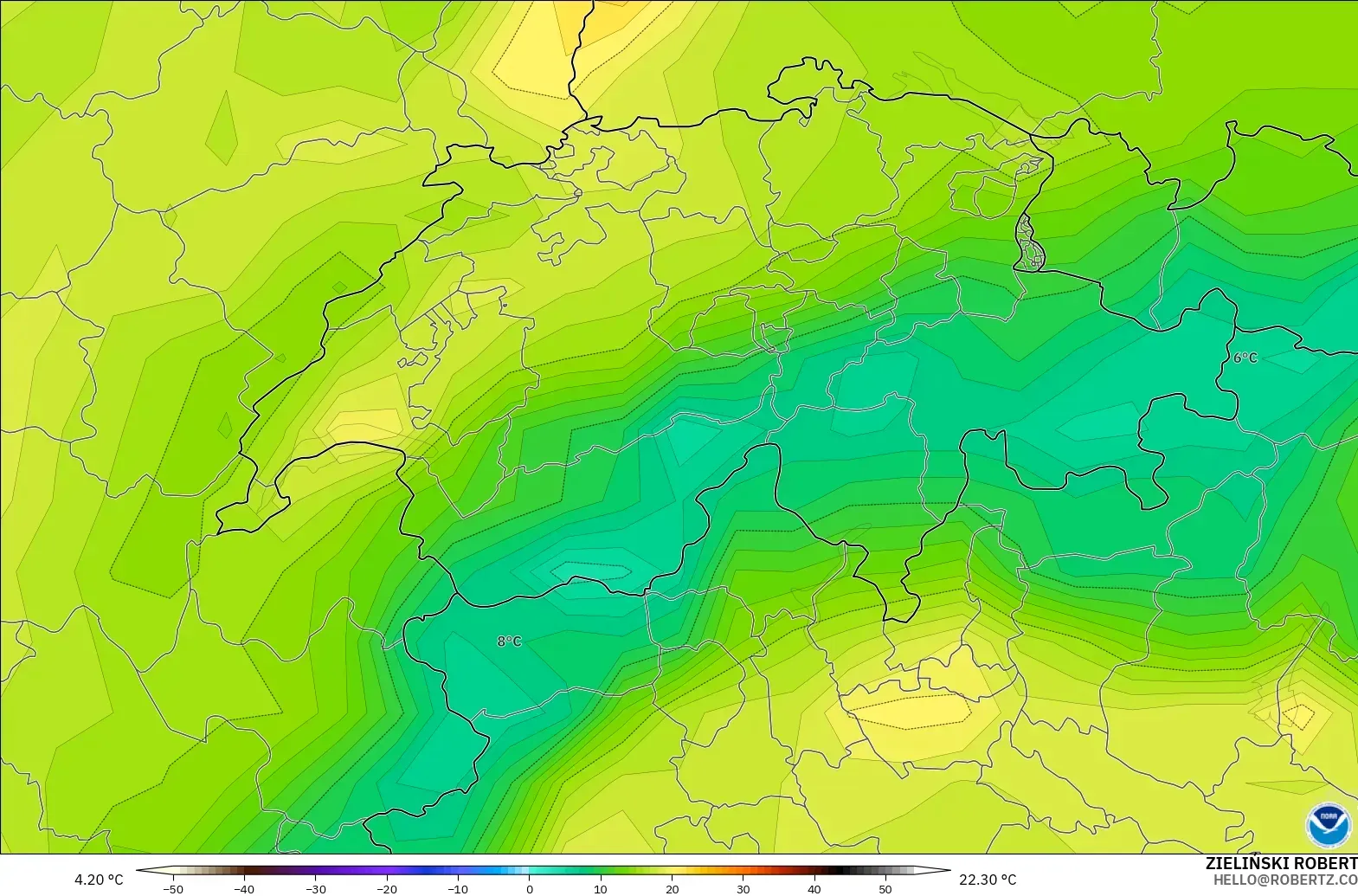 GFS model - Switzerland, Temperature at 2m