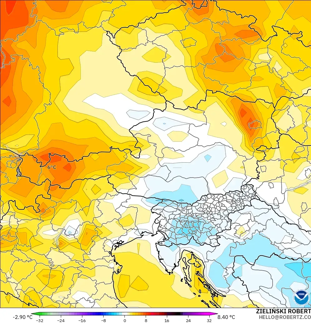GFS model - Austria, Temperature at 2m Anomaly