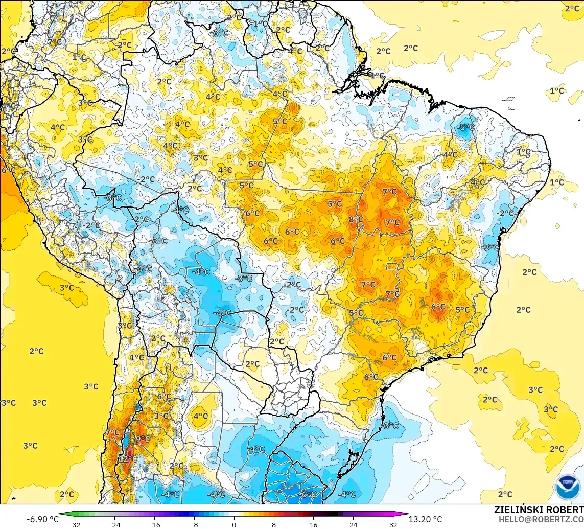 GFS model - Brazil, Temperature at 2m Anomaly