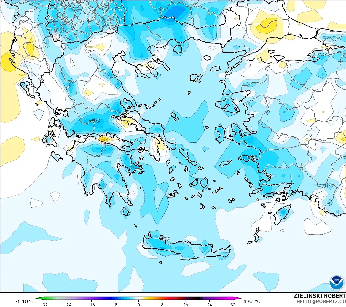 GFS model - Greece, Temperature at 2m Anomaly