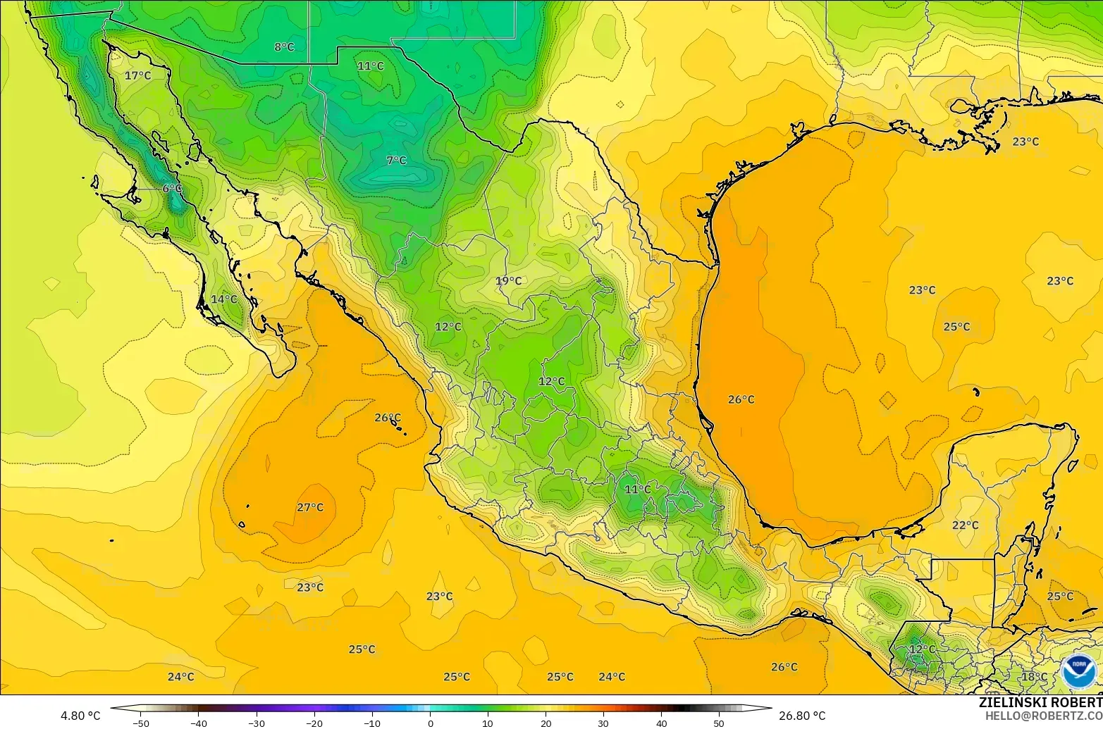 GFS model - Mexico, Dewpoint at 2m