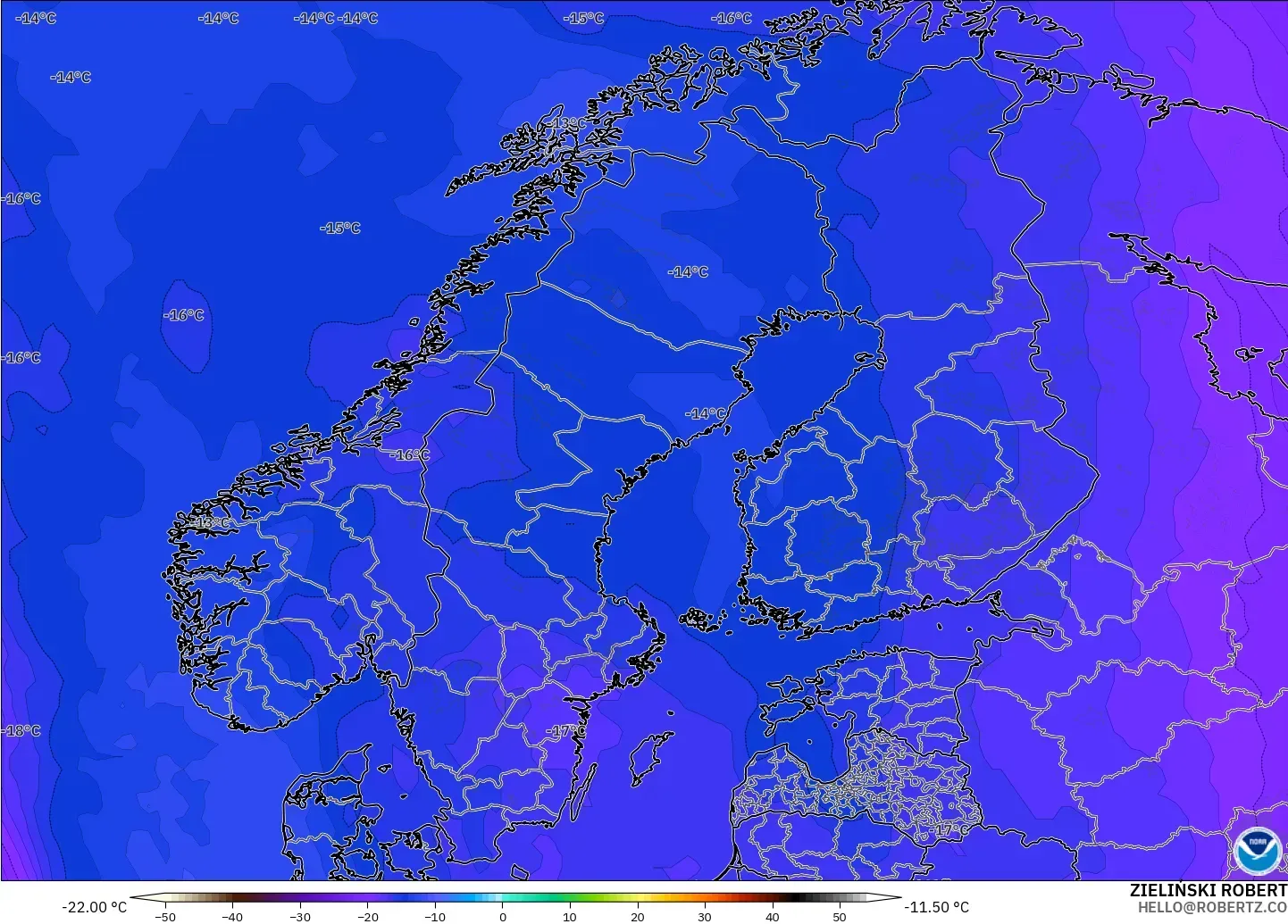 GFS model - Scandinavia, Temperature at 500hPa