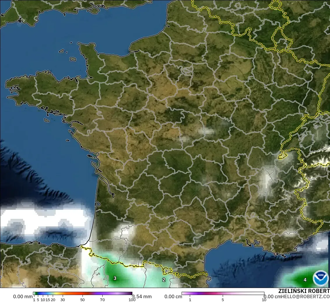GFS model - France, Precipitation, Clouds, and Pressure