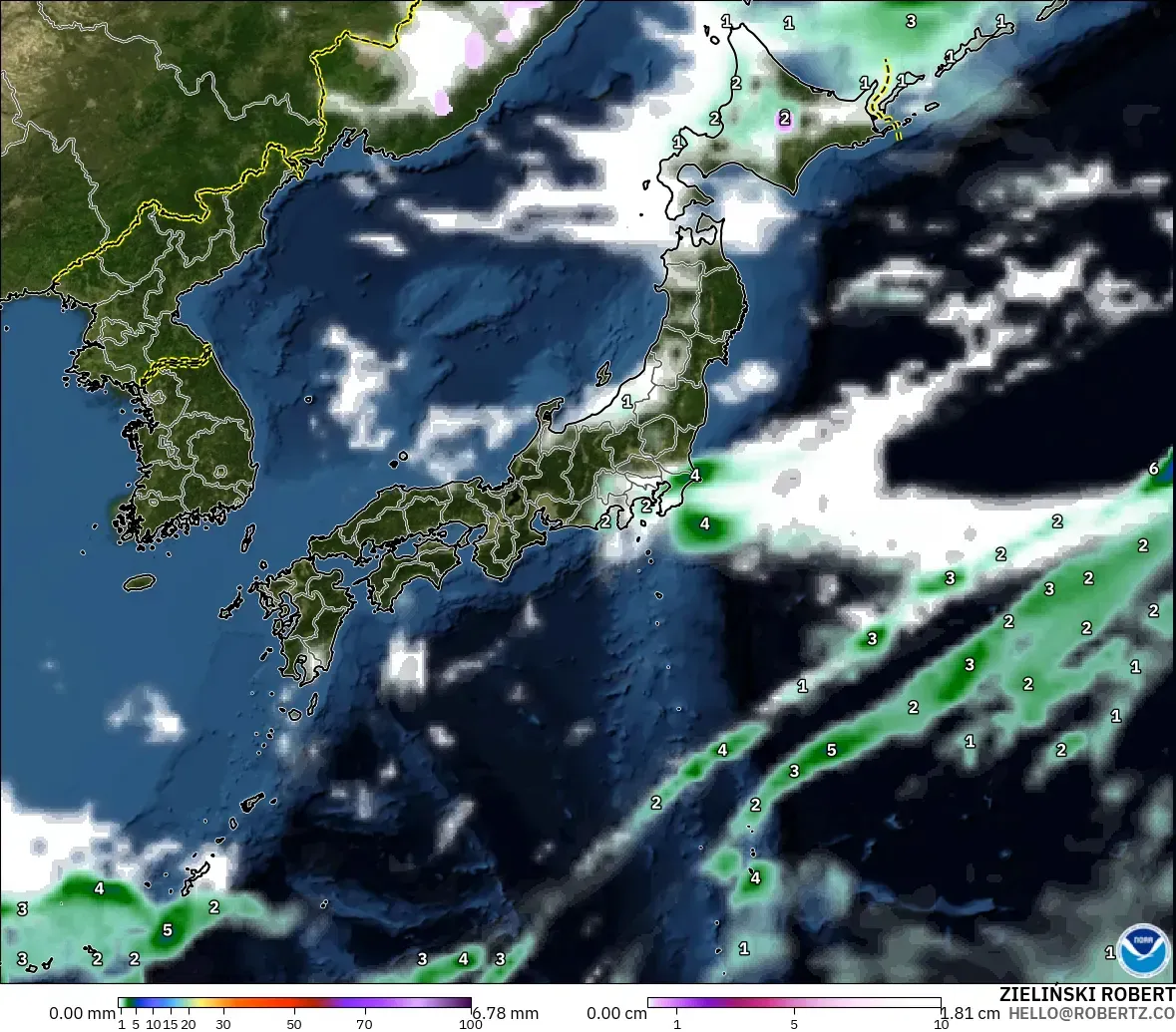 GFS model - Japan, Precipitation, Clouds, and Pressure