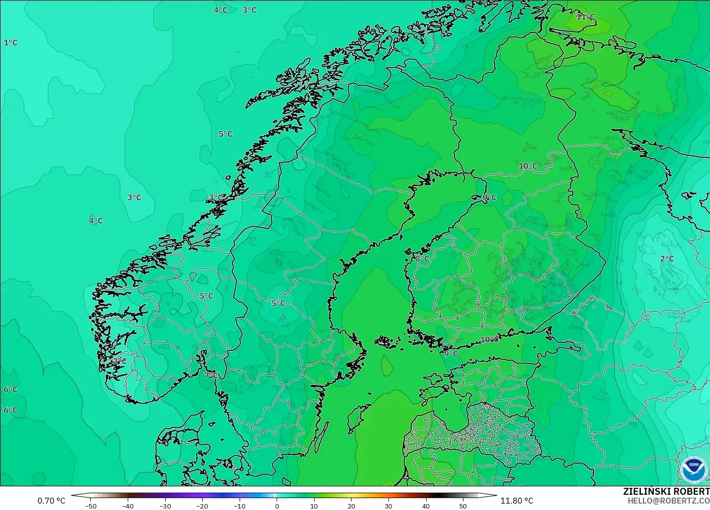 GFS model - Scandinavia, Temperature at 850hPa