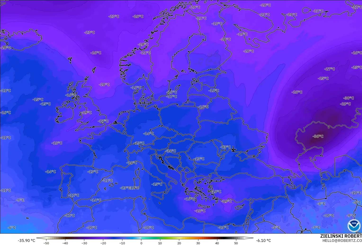 GFS model - Europe, Temperature at 500hPa