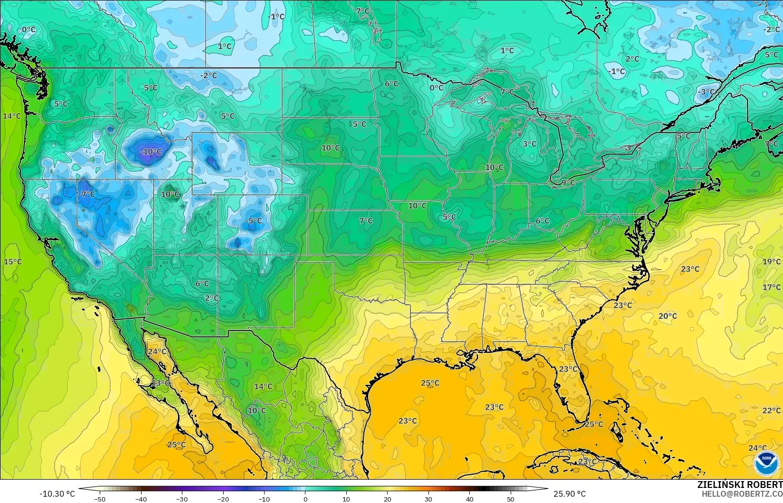 GFS model - United States, Dewpoint at 2m