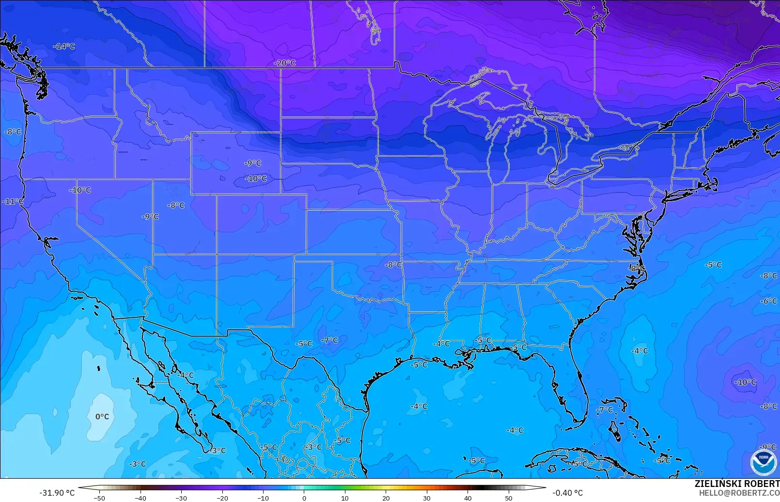 GFS model - United States, Temperature at 500hPa