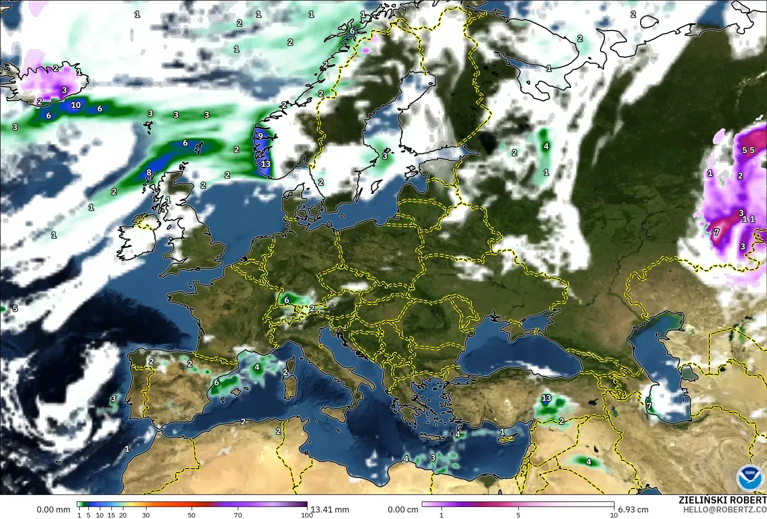 GFS model - Europe, Precipitation, Clouds, and Pressure