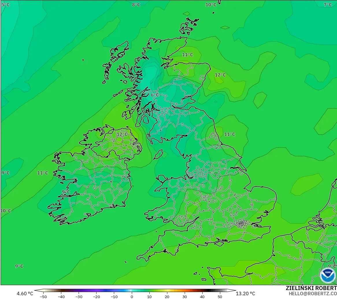 GFS model - United Kingdom, Temperature at 850hPa