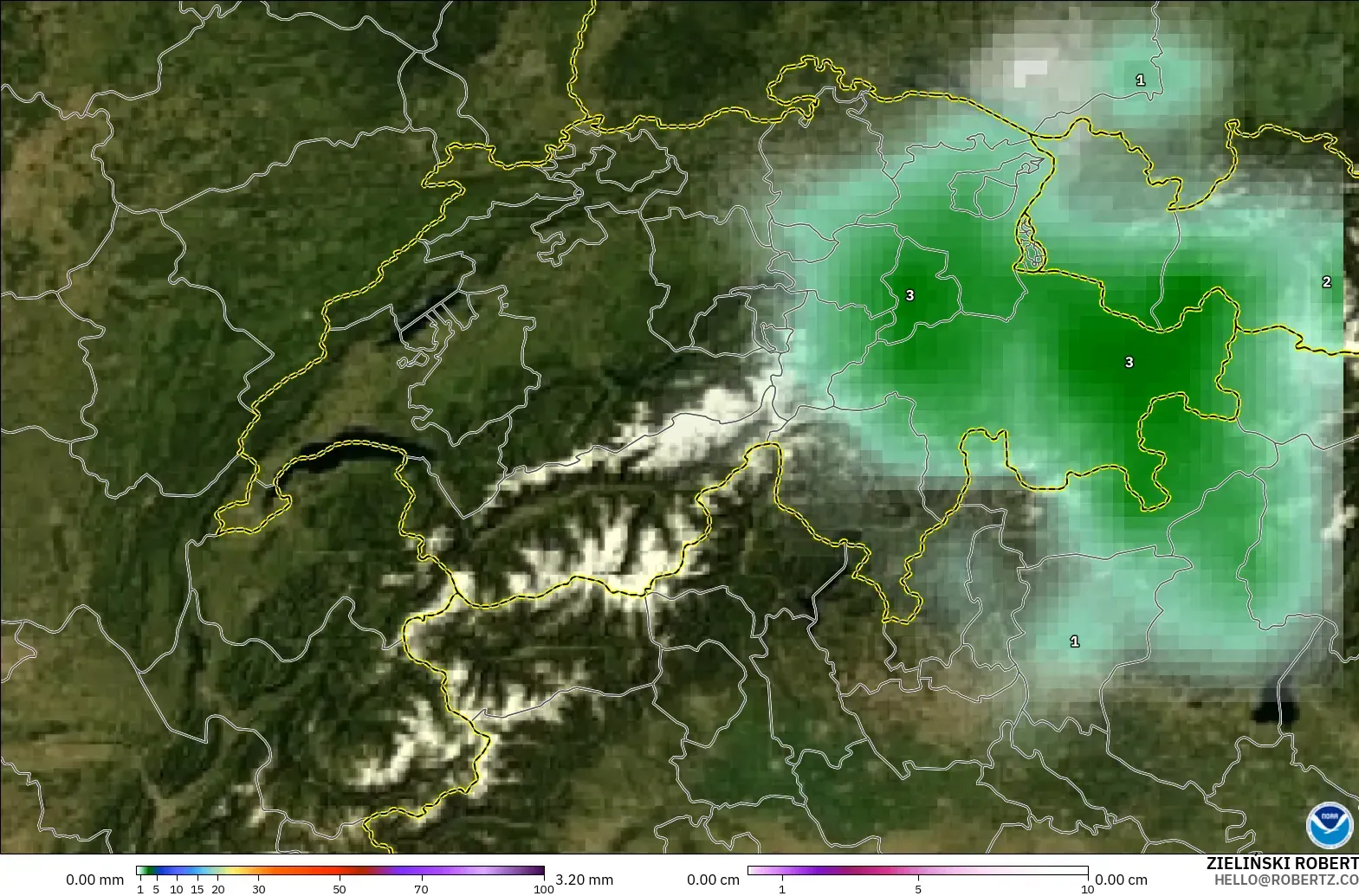 GFS model - Switzerland, Precipitation, Clouds, and Pressure