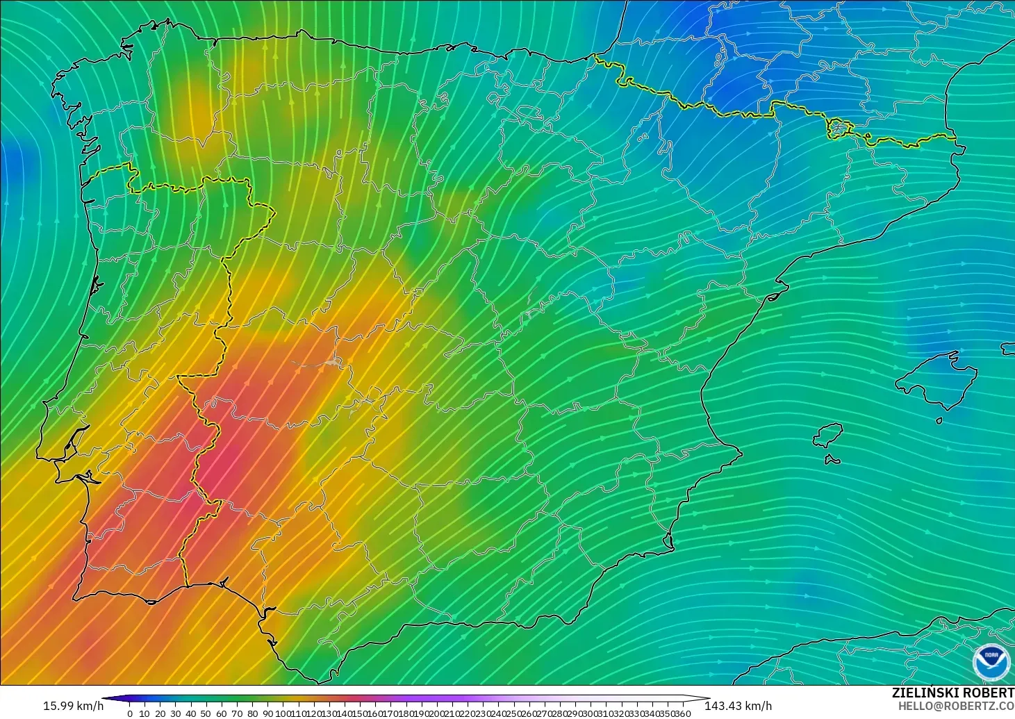 GFS model - Spain, Wind at 300hPa (jet stream)