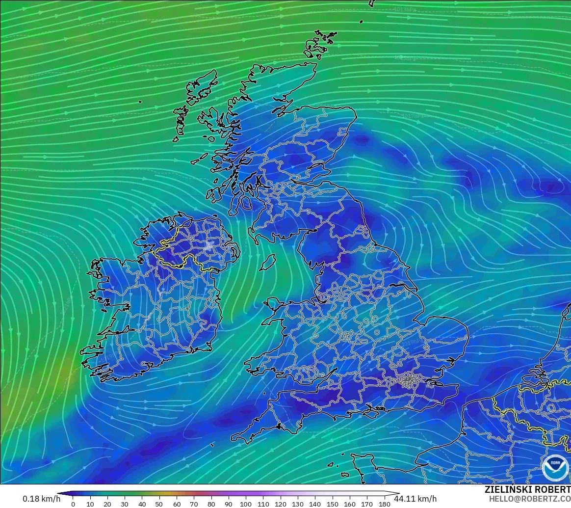 GFS model - United Kingdom, Wind at 10m