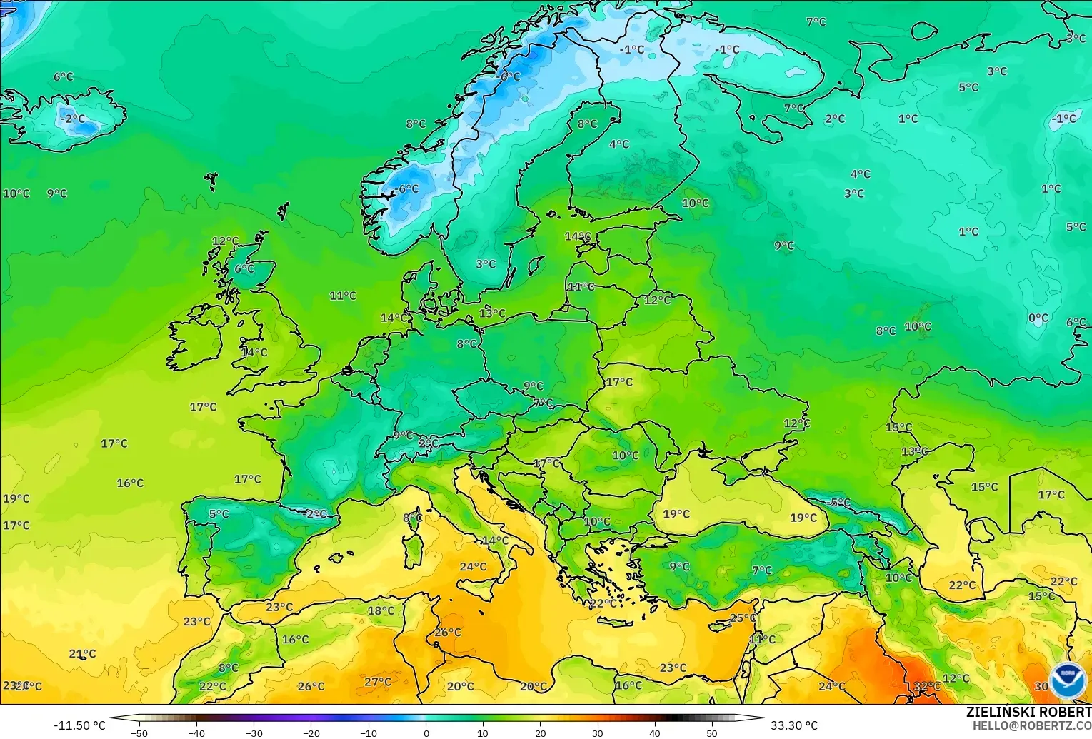 GFS model - Europe, Temperature at 2m