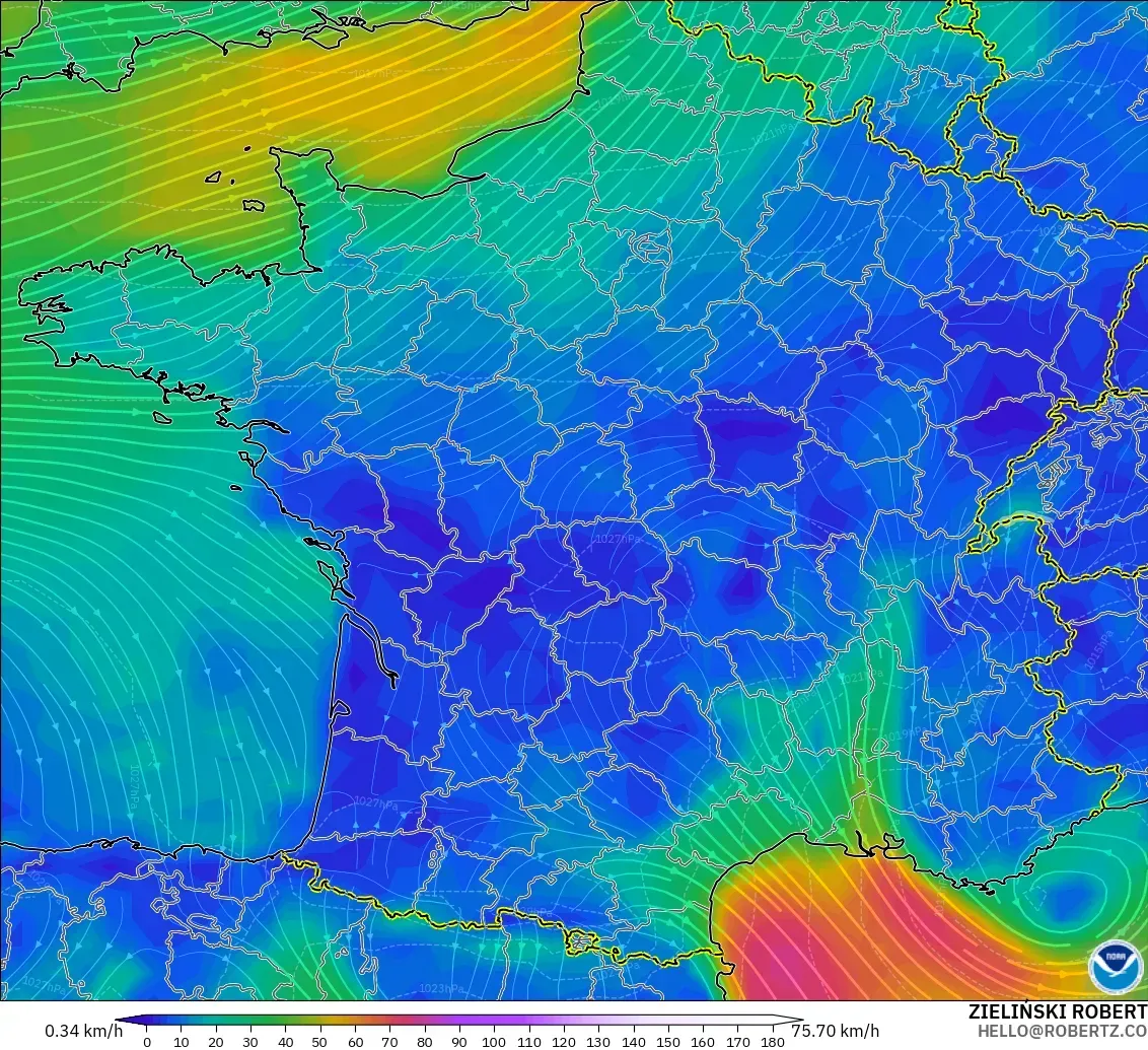 GFS model - France, Wind at 10m