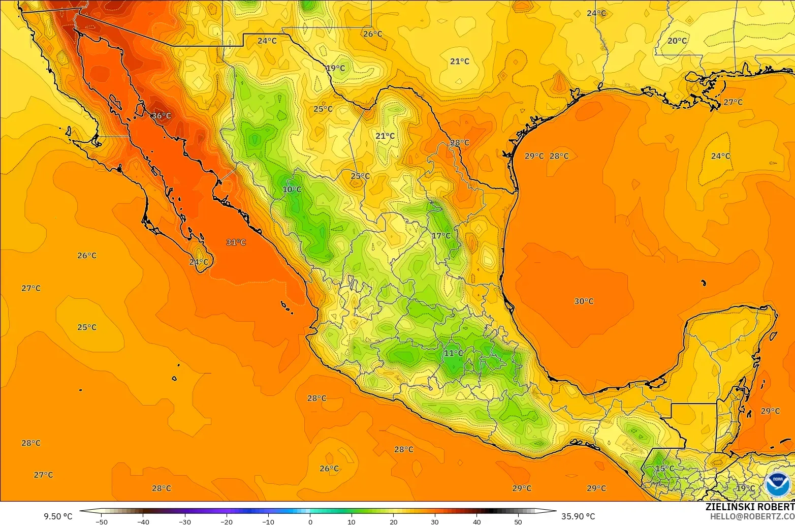 GFS model - Mexico, Temperature at 2m