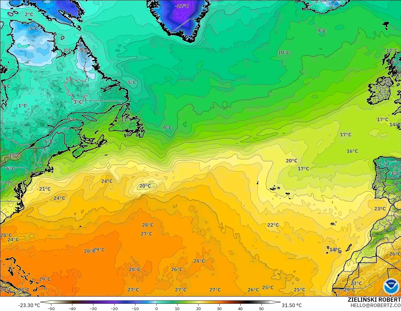 GFS model - North Atlantic, Temperature at 2m