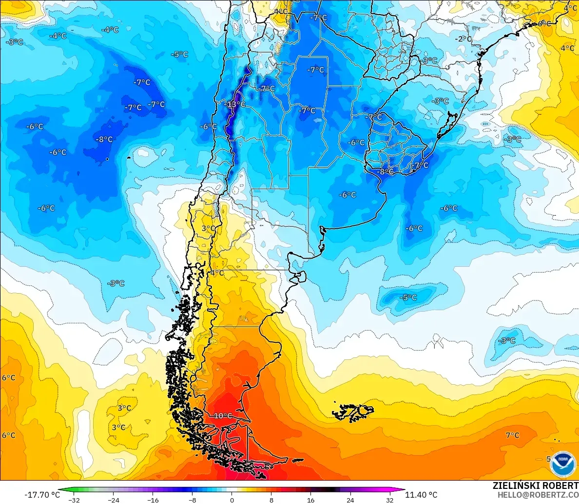 GFS model - Argentina, Temperature at 850hPa Anomaly