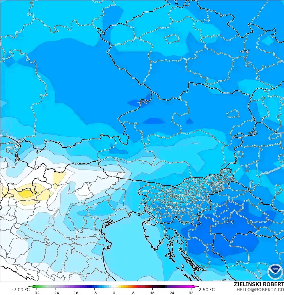 GFS model - Austria, Temperature at 850hPa Anomaly