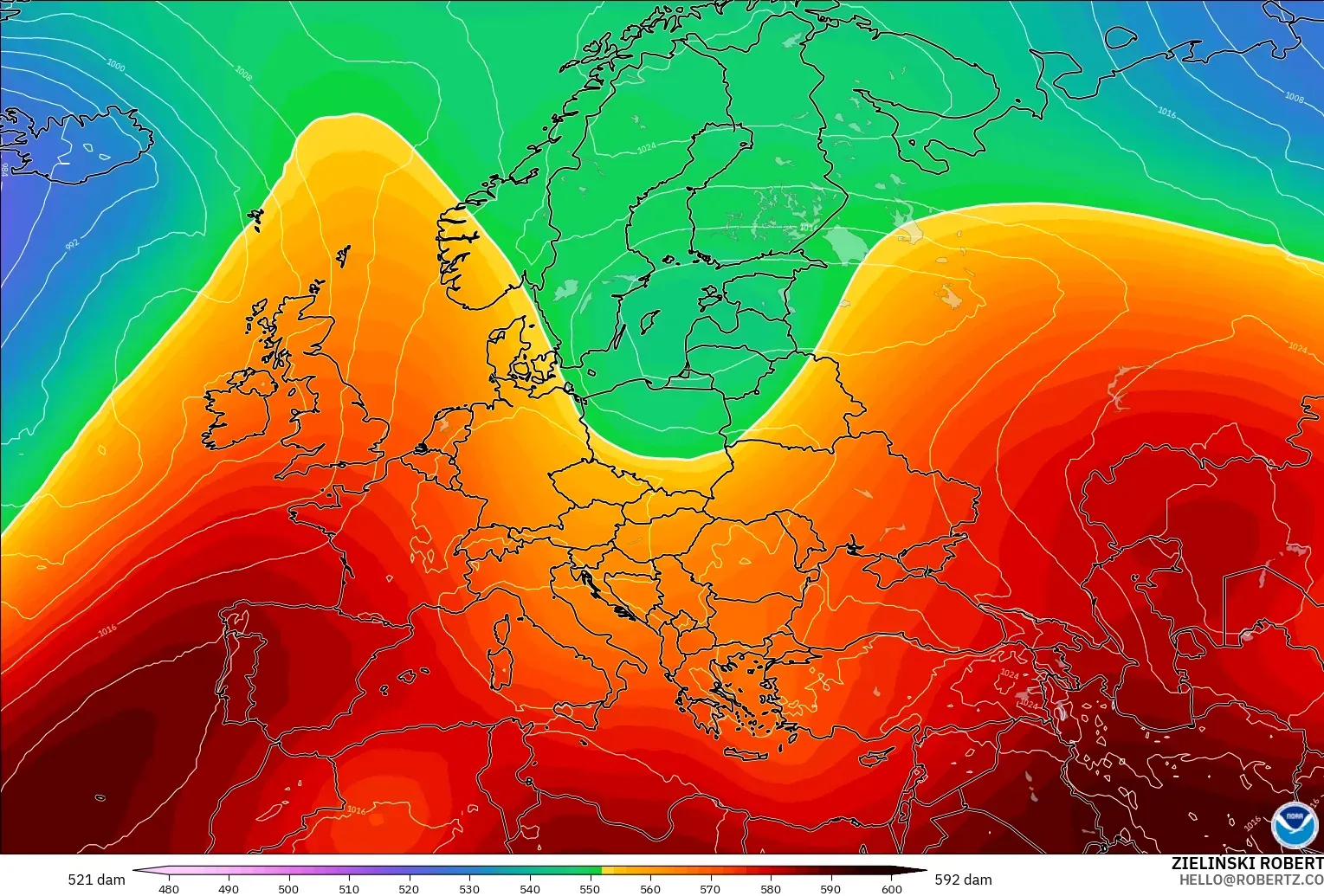 GFS model - Europe, Geopotential height at 500hPa