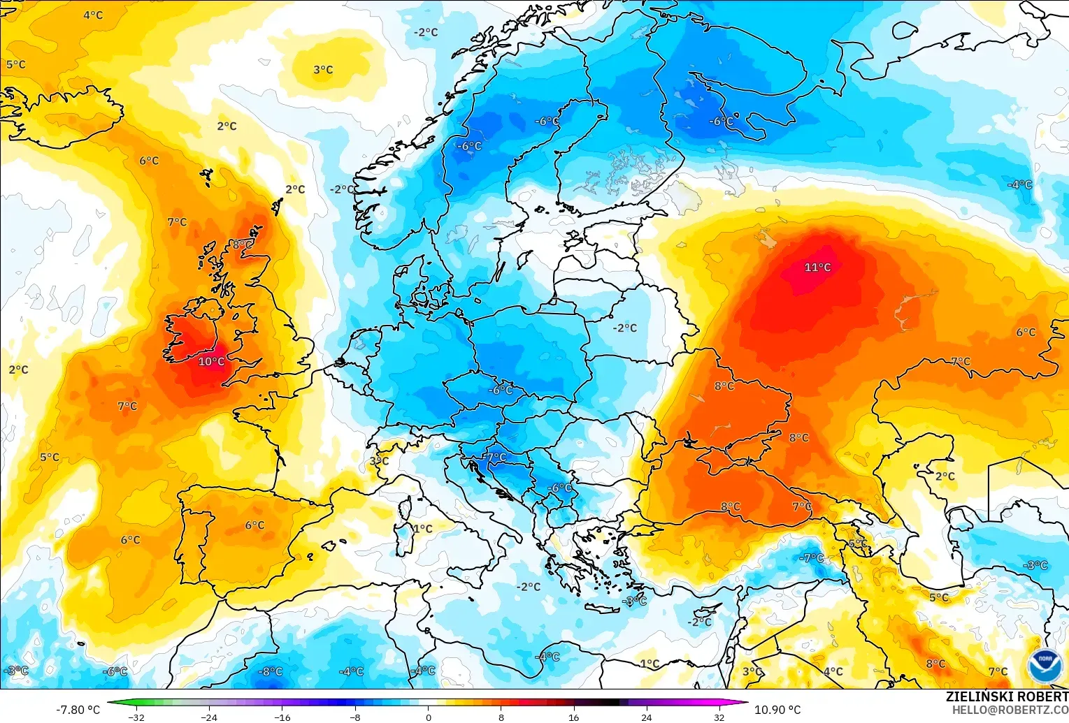 GFS model - Europe, Temperature at 850hPa Anomaly