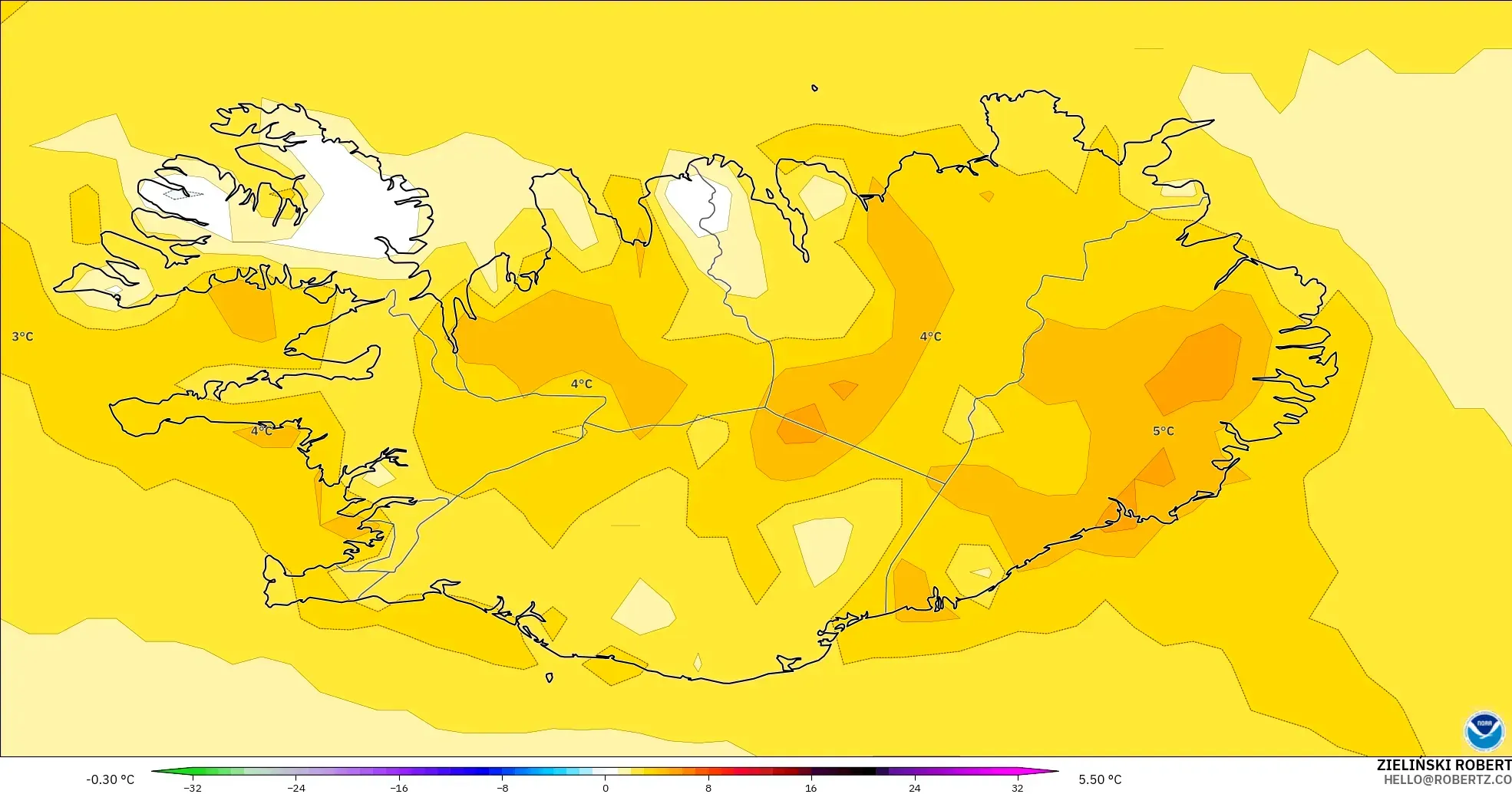 GFS model - Iceland, Temperature at 2m Anomaly