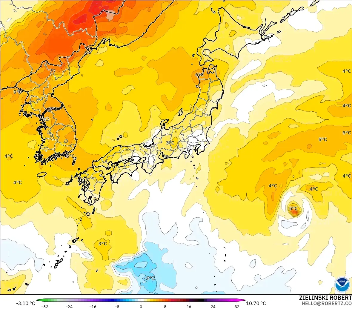 GFS model - Japan, Temperature at 850hPa Anomaly