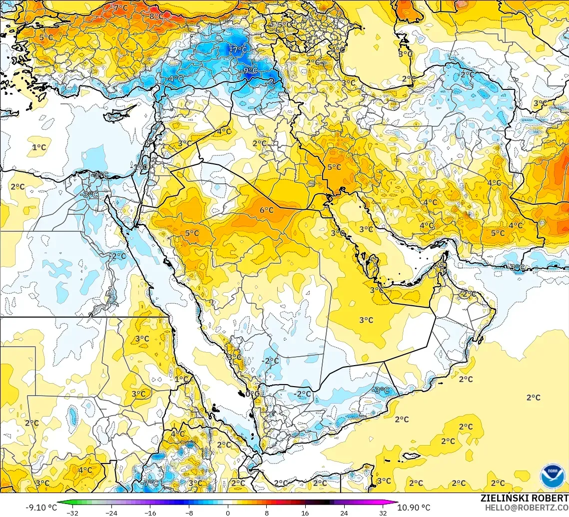 GFS model - Middle East, Temperature at 2m Anomaly