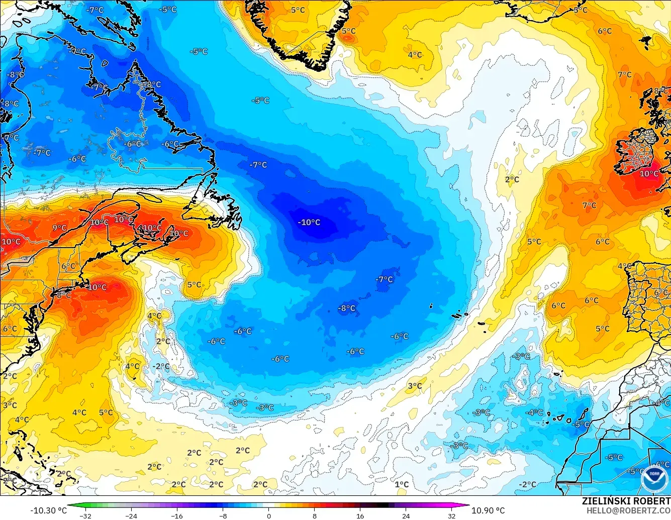 GFS model - North Atlantic, Temperature at 850hPa Anomaly