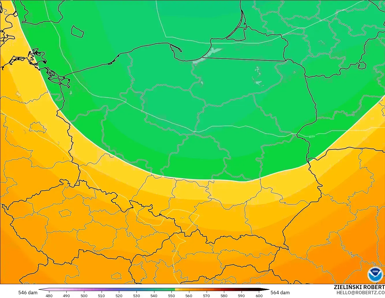 GFS model - Poland, Geopotential height at 500hPa