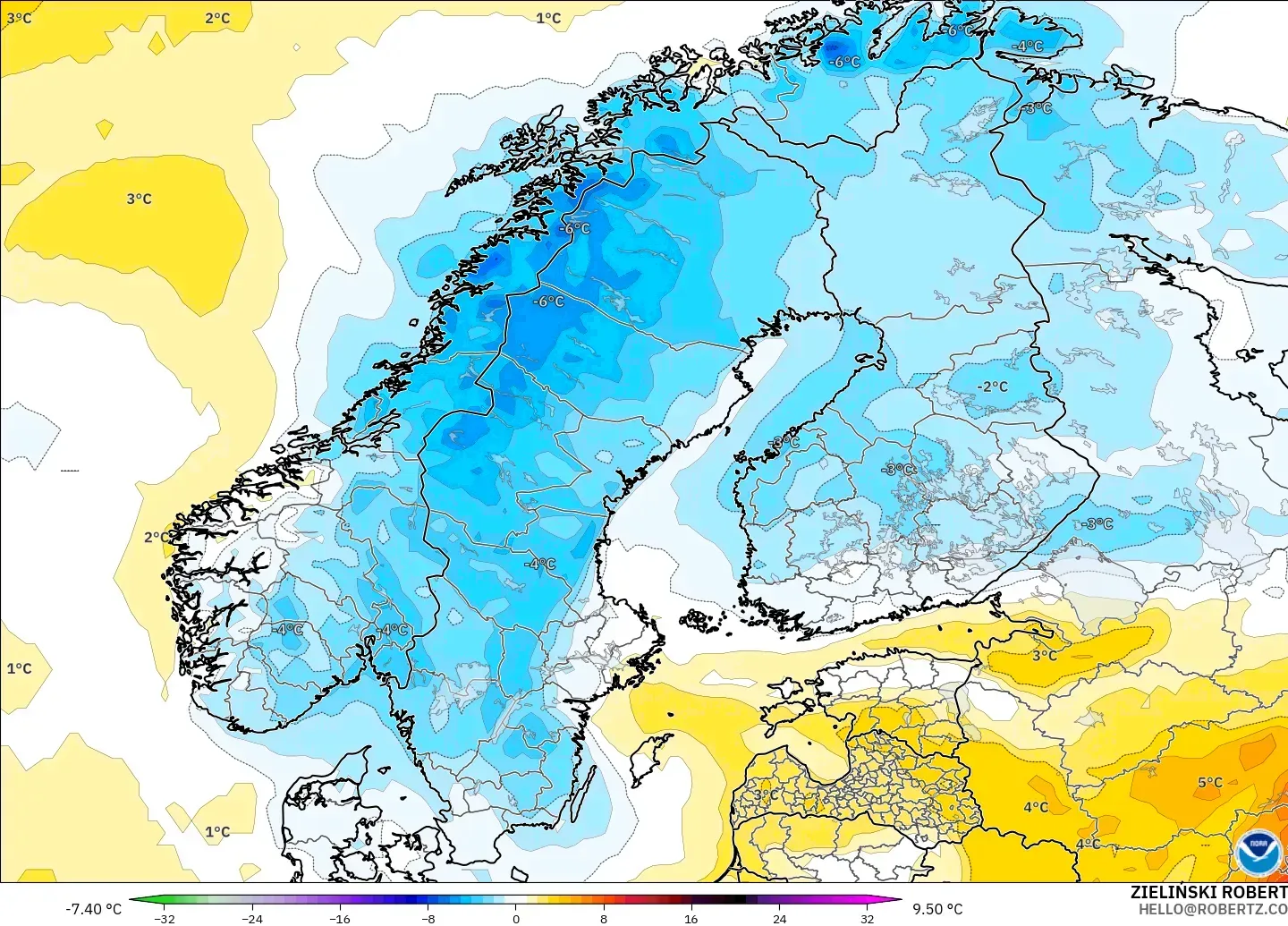 GFS model - Scandinavia, Temperature at 2m Anomaly