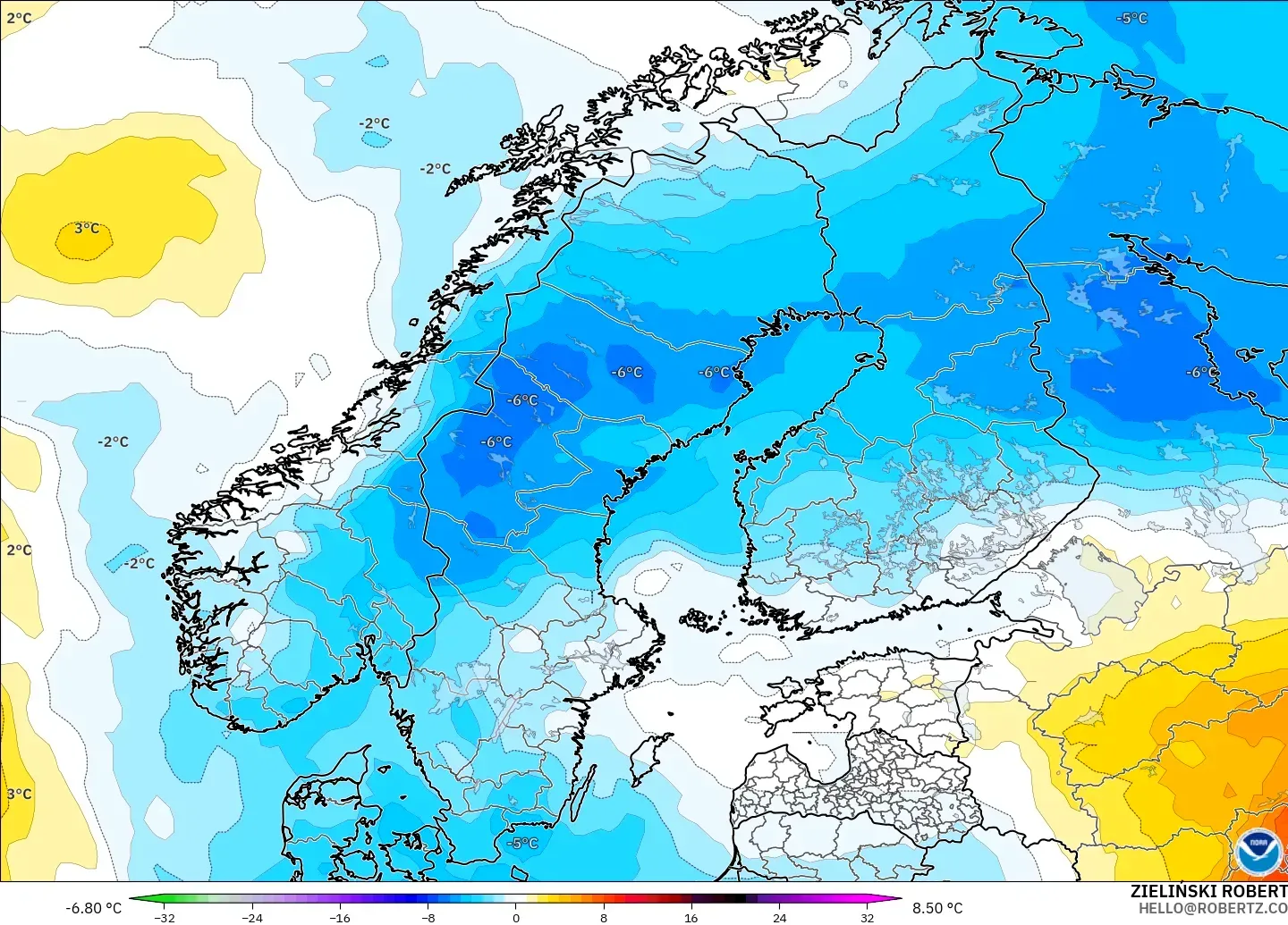 GFS model - Scandinavia, Temperature at 850hPa Anomaly