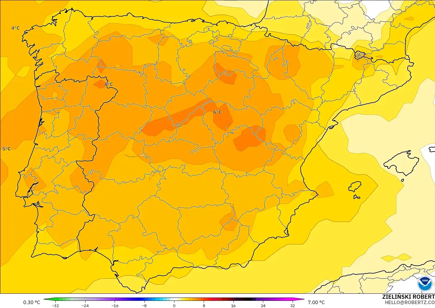 GFS model - Spain, Temperature at 850hPa Anomaly