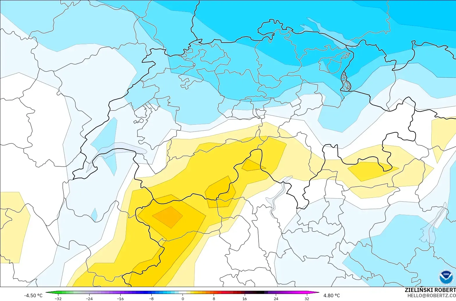 GFS model - Switzerland, Temperature at 850hPa Anomaly
