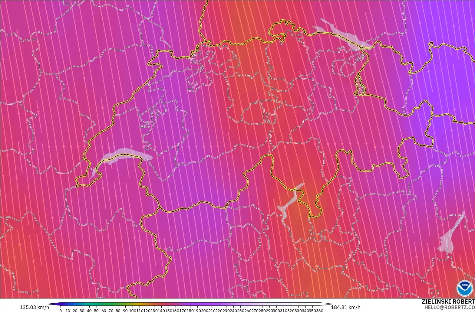 GFS model - Switzerland, Wind at 300hPa (jet stream)