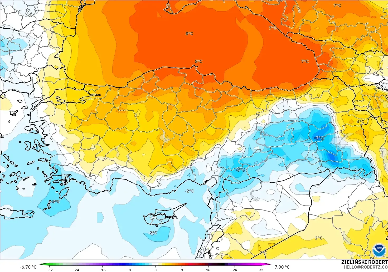 GFS model - Turkey, Temperature at 850hPa Anomaly