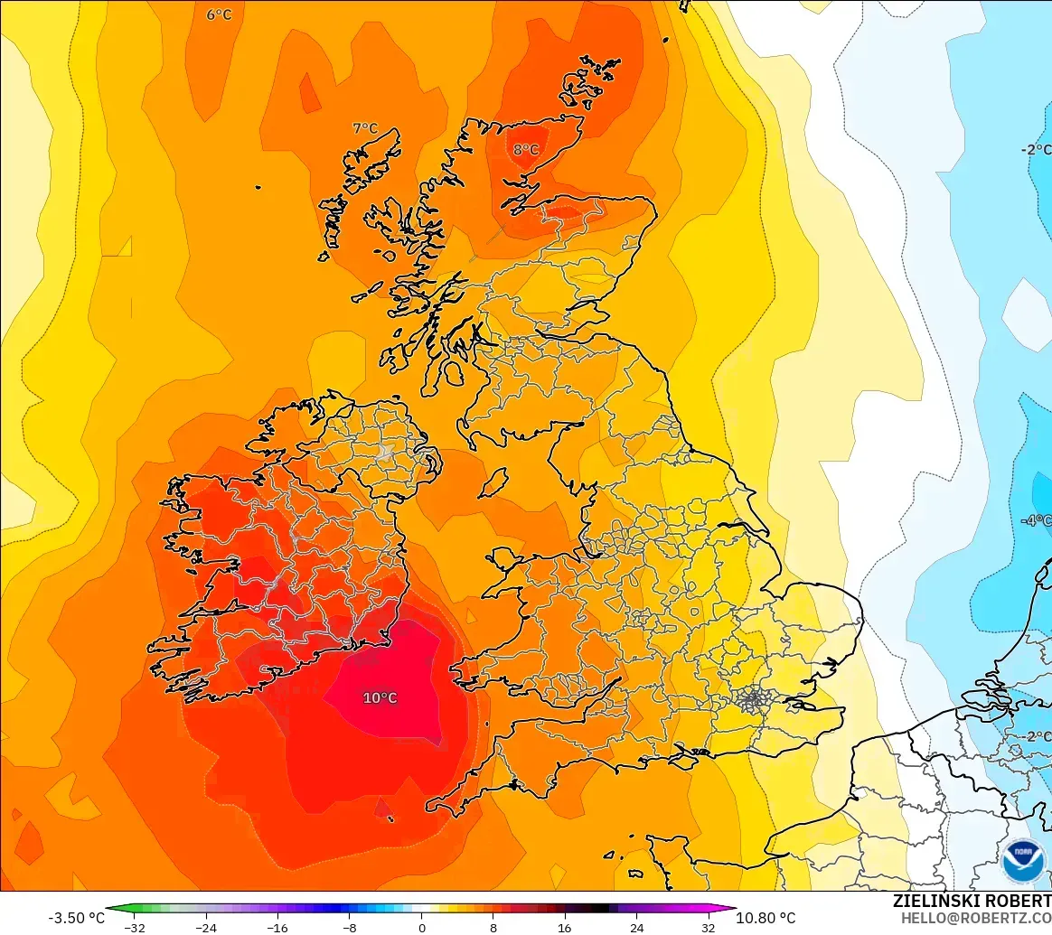 GFS model - United Kingdom, Temperature at 850hPa Anomaly