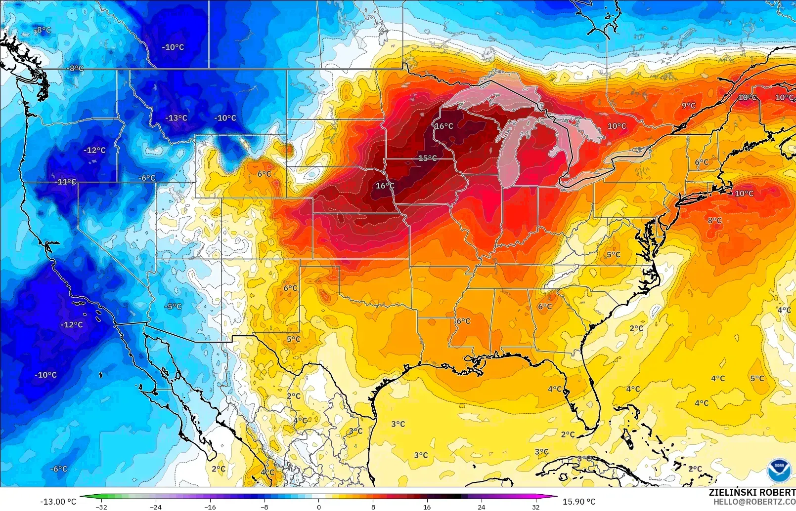GFS model - United States, Temperature at 850hPa Anomaly