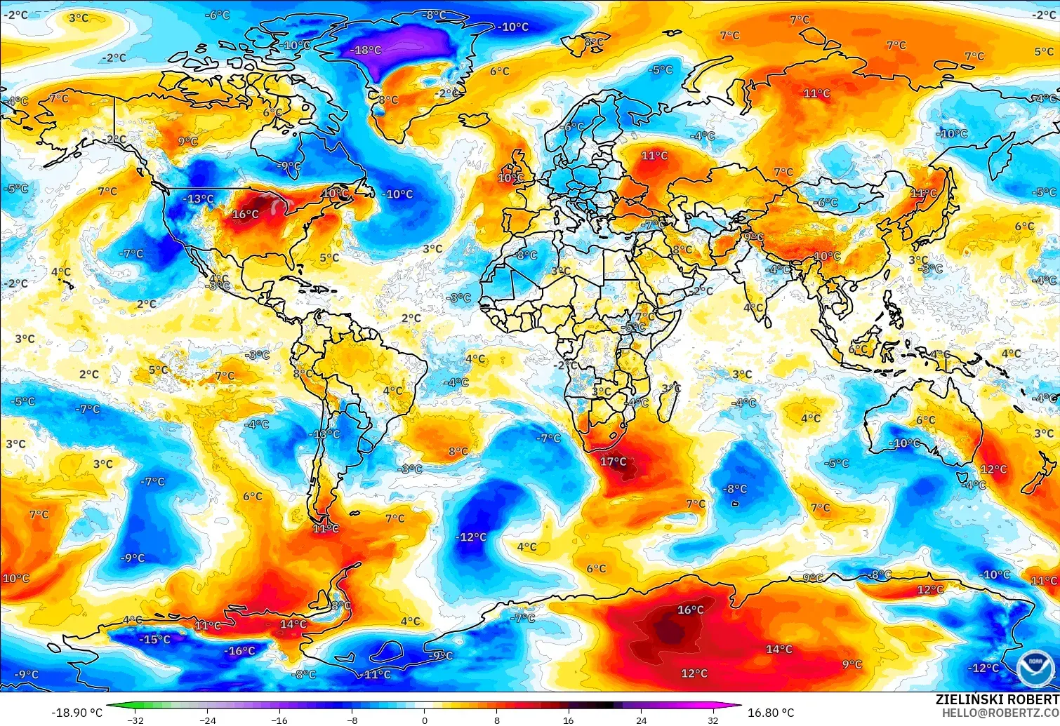 GFS model - World, Temperature at 850hPa Anomaly