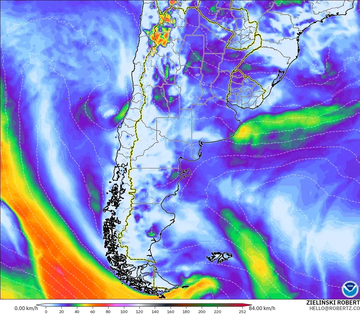 GFS model - Argentina, Wind Gusts
