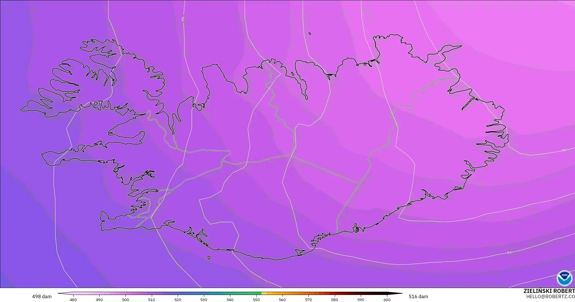 GFS model - Iceland, Geopotential height at 500hPa