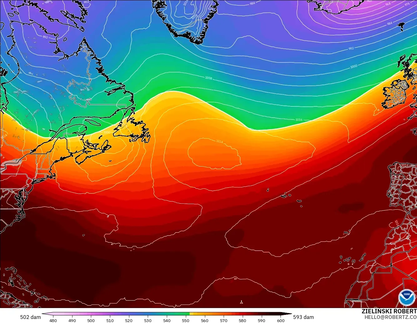 GFS model - North Atlantic, Geopotential height at 500hPa