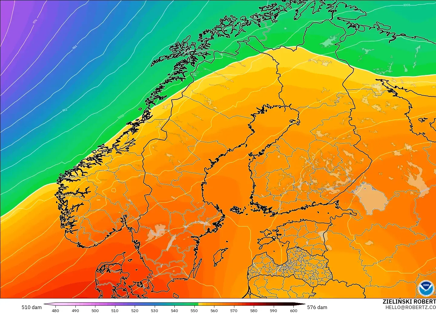 GFS model - Scandinavia, Geopotential height at 500hPa