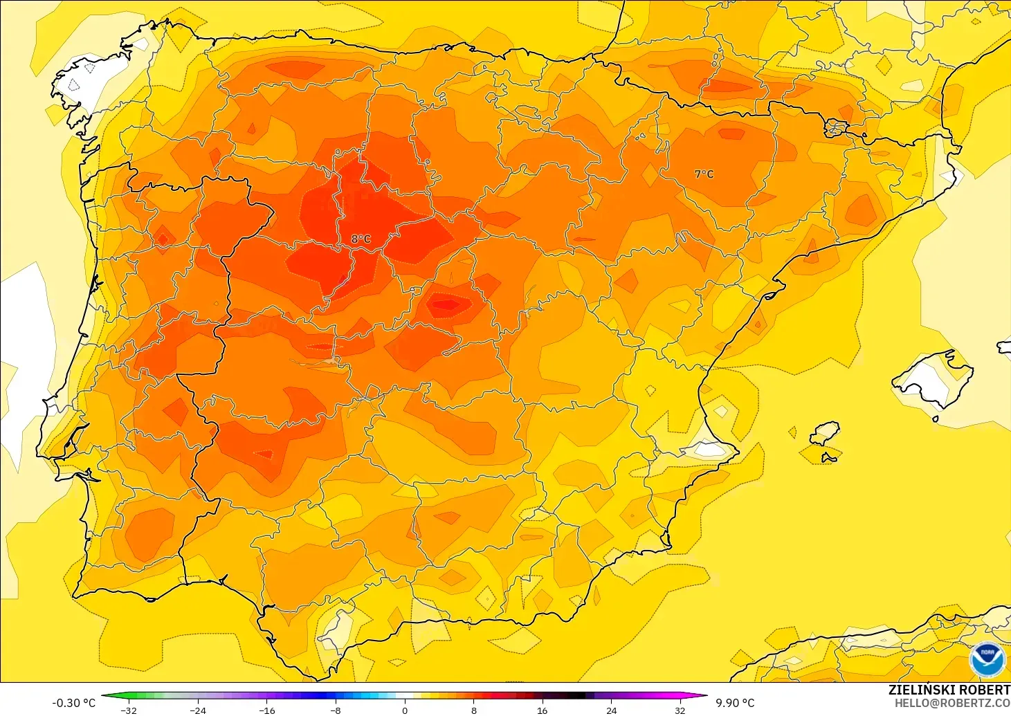 GFS model - Spain, Temperature at 2m Anomaly