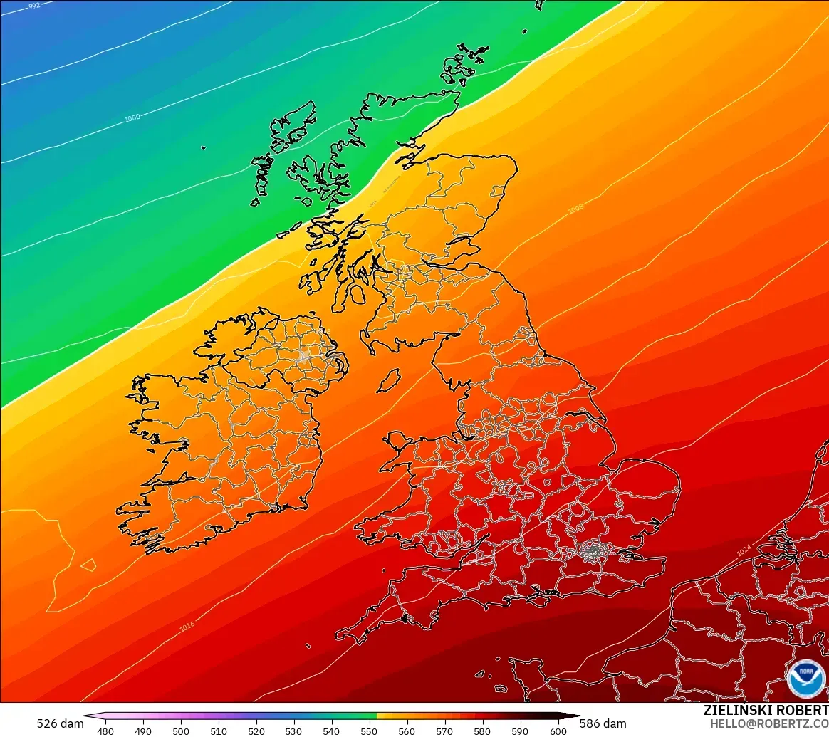 GFS model - United Kingdom, Geopotential height at 500hPa
