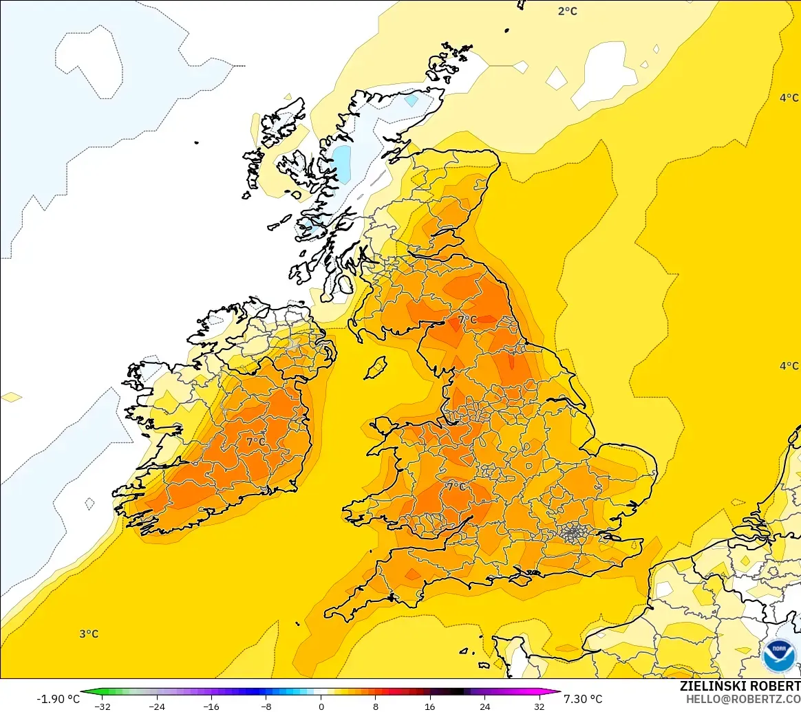 GFS model - United Kingdom, Temperature at 2m Anomaly
