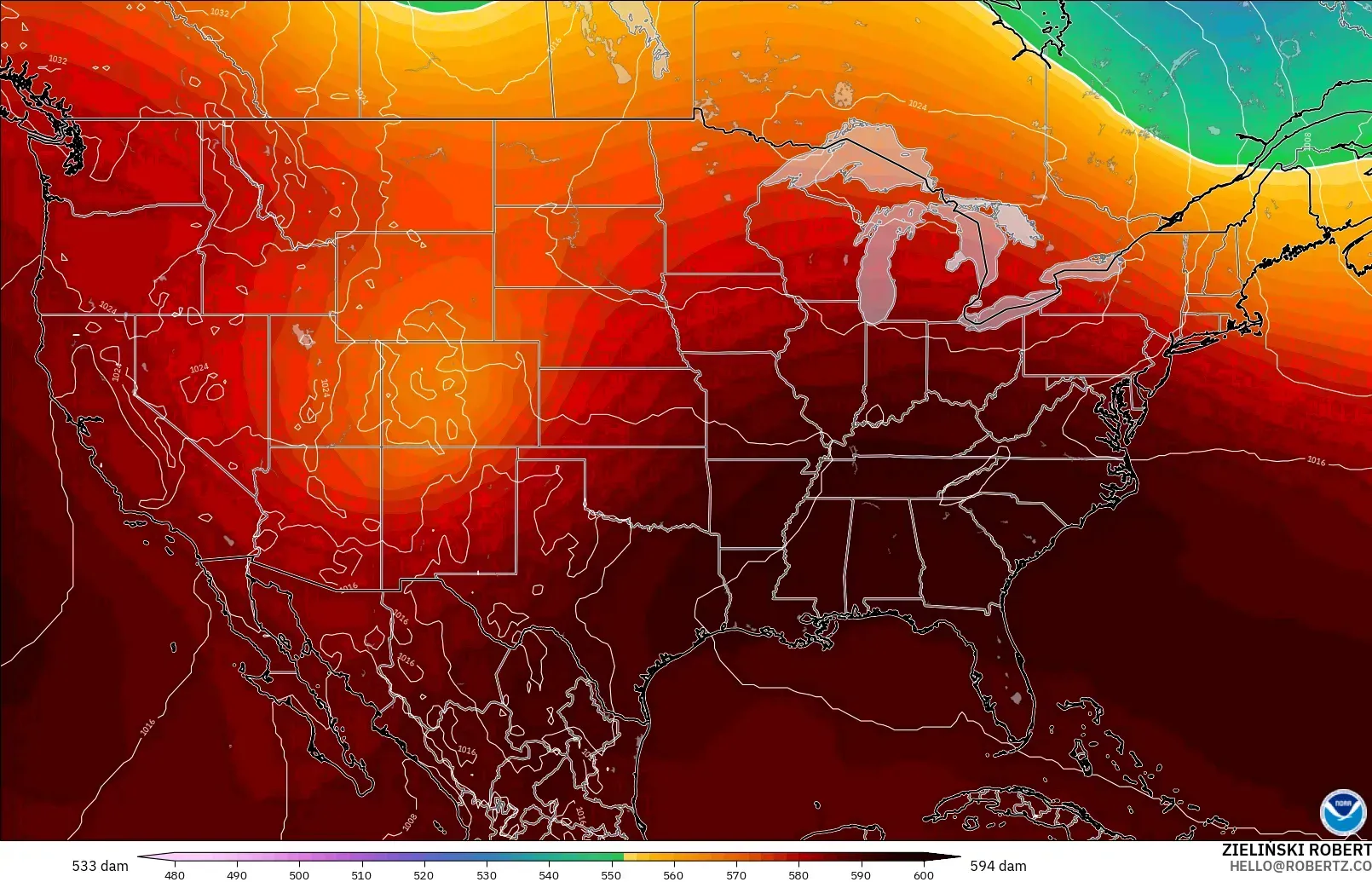 GFS model - United States, Geopotential height at 500hPa